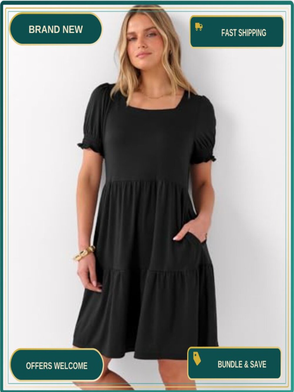 Women's Puff Sleeve Mini Dress with Pockets Casual Summer Flowy A-Line - Picture 2 of 6